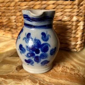 Glazed Blue & Cream Vintage Pitcher 4”